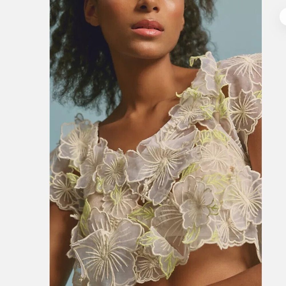 Anthropologie Sheer Applique Crop Top Floral Ivory Neon Green Blouse Small